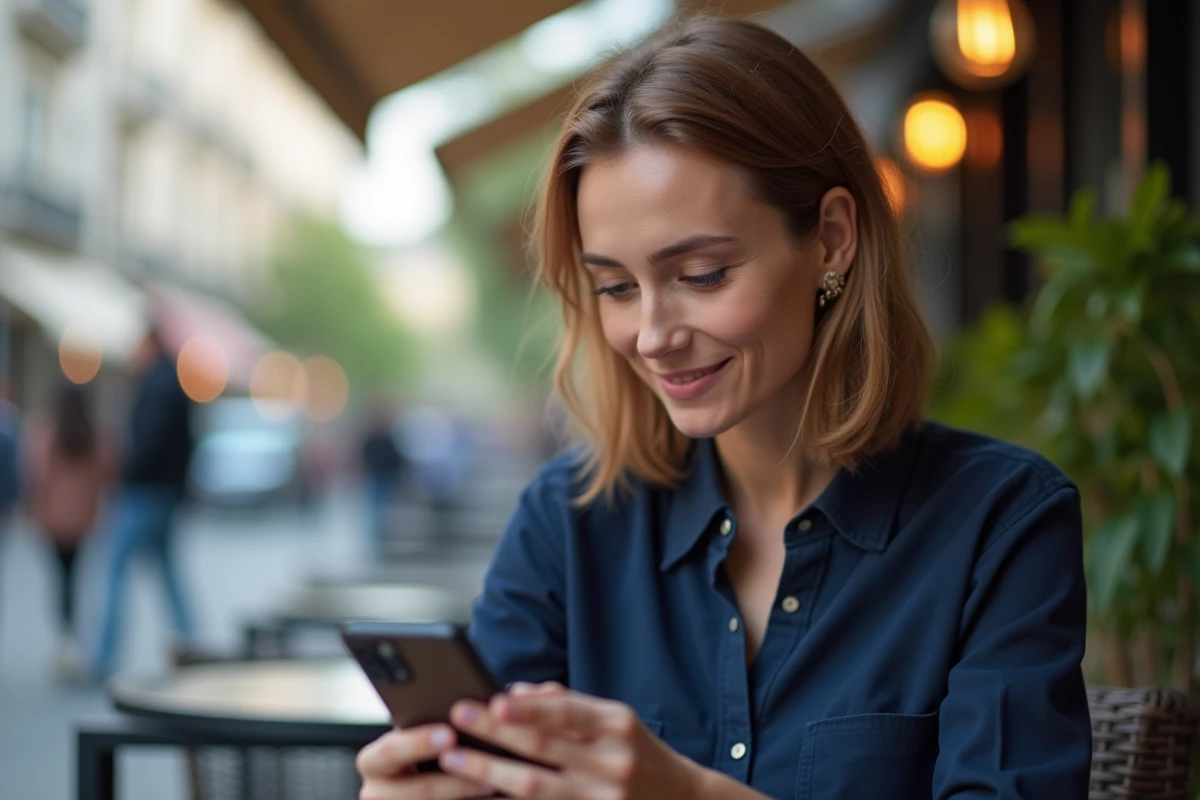 Une femme consultant les paramètres de mise à jour sur son Samsung Galaxy A25 en terrasse