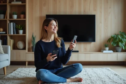 Femme assise devant une TV connectée dans un salon cosy