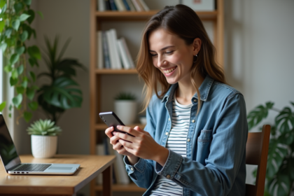Jeune femme souriante avec smartphone dans un bureau cosy
