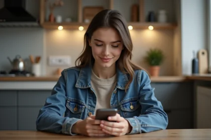 Femme dans la cuisine regardant son smartphone