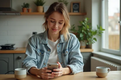 Jeune femme compare deux smartphones Android dans une cuisine lumineuse