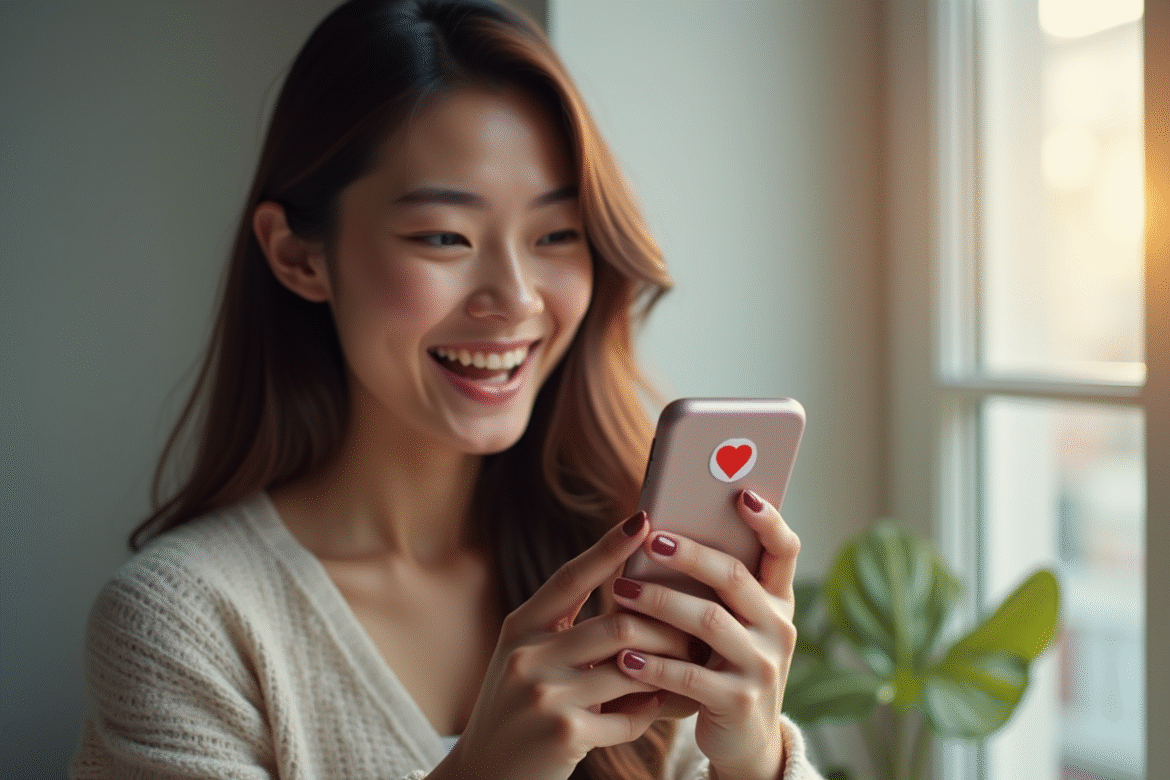 Jeune femme souriante regardant son smartphone avec un emoji cœur