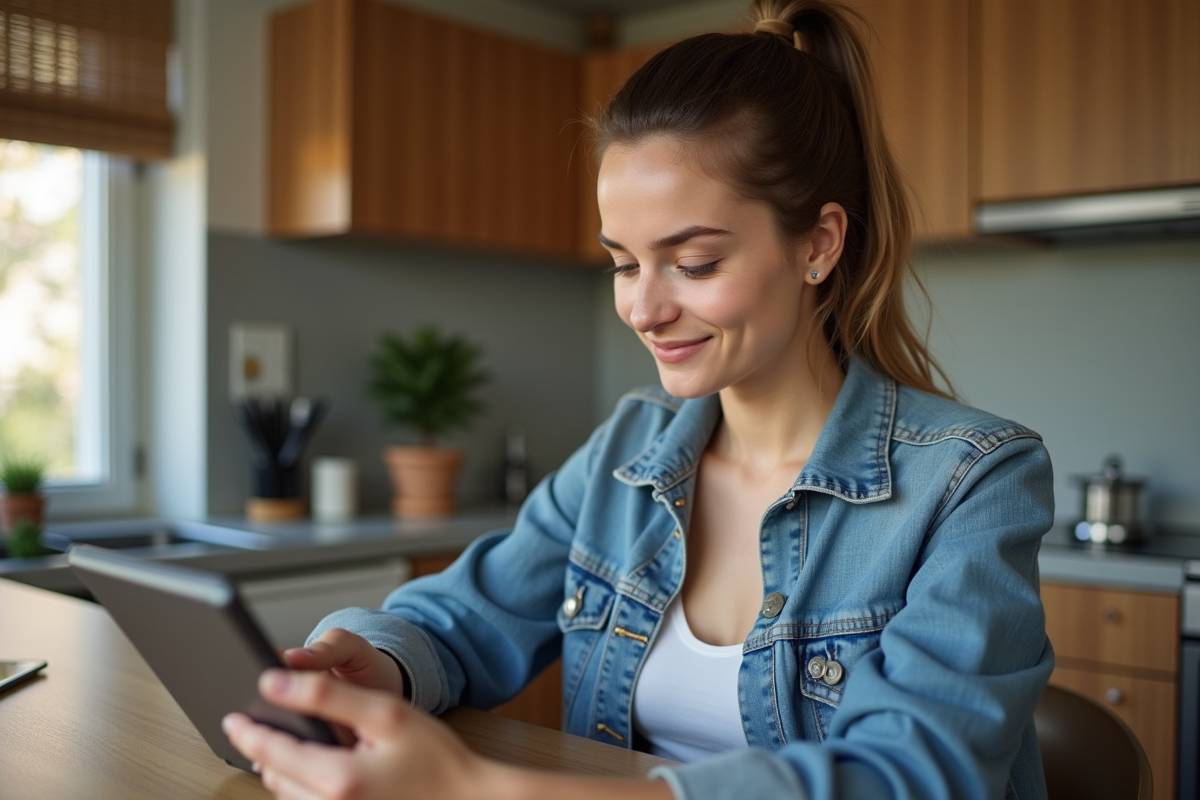 Jeune femme en cuisine utilisant une tablette pour réseaux sociaux