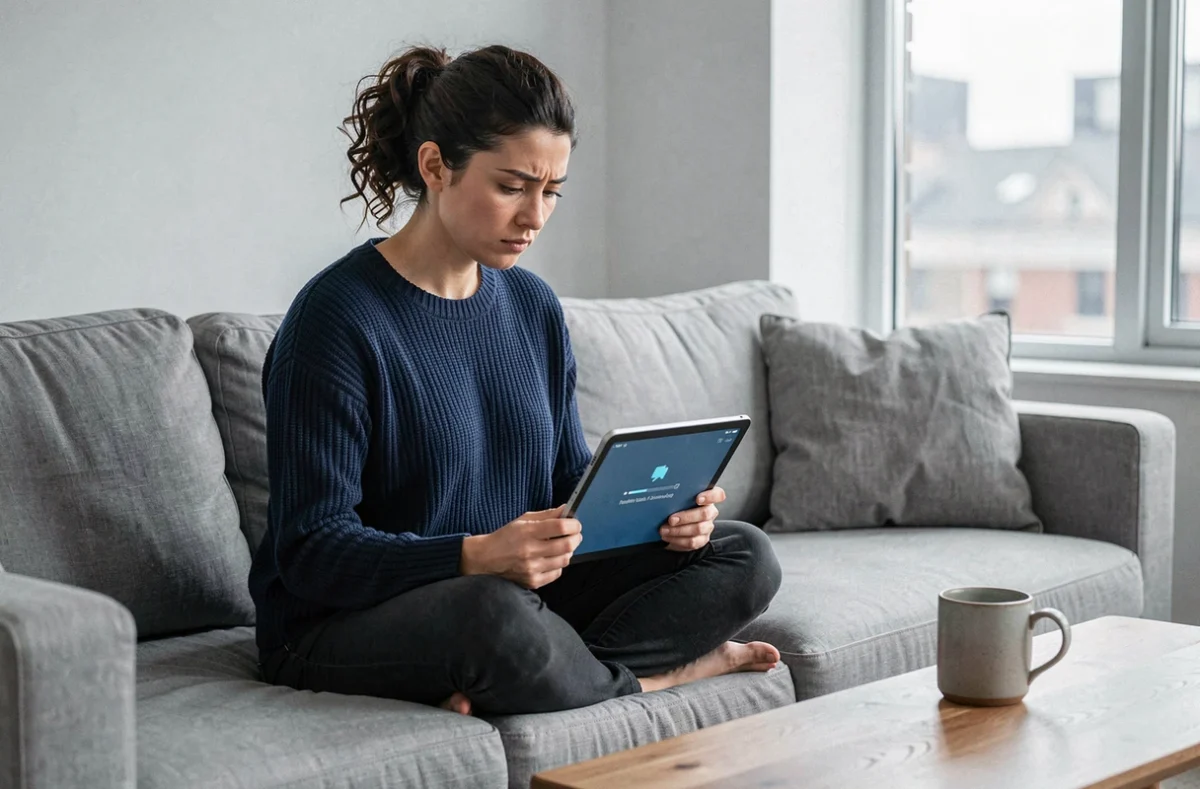 Femme téléchargeant une longue vidéo en ligne sur sa tablette depuis son canapé dans un salon moderne