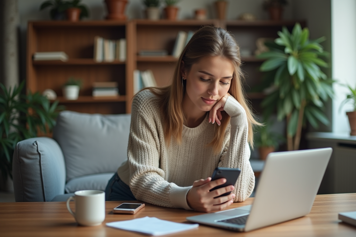 Femme concentrée travaillant sur son ordinateur à la maison