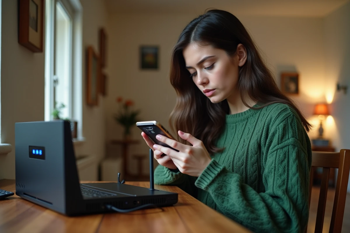 Jeune femme examinant le dos de sa box internet dans le couloir