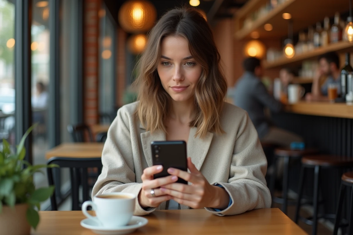 Femme utilisant le Samsung Galaxy A55 dans un café avec l'ancien Galaxy A52 posé à côté