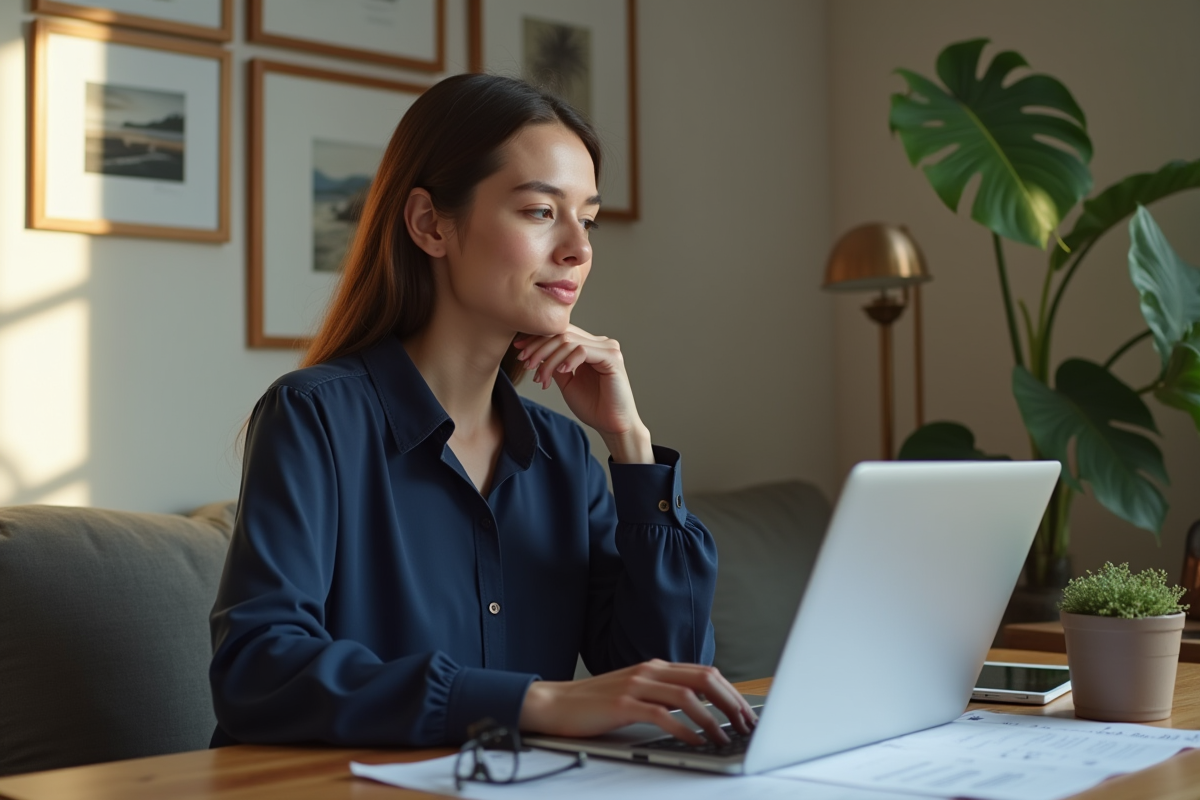 Femme web designer analysant un rapport salarial à son bureau à domicile