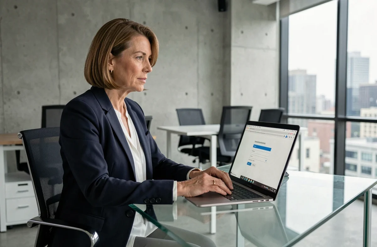 Femme en blazer consultant sa messagerie webmail sur un laptop dans un bureau moderne