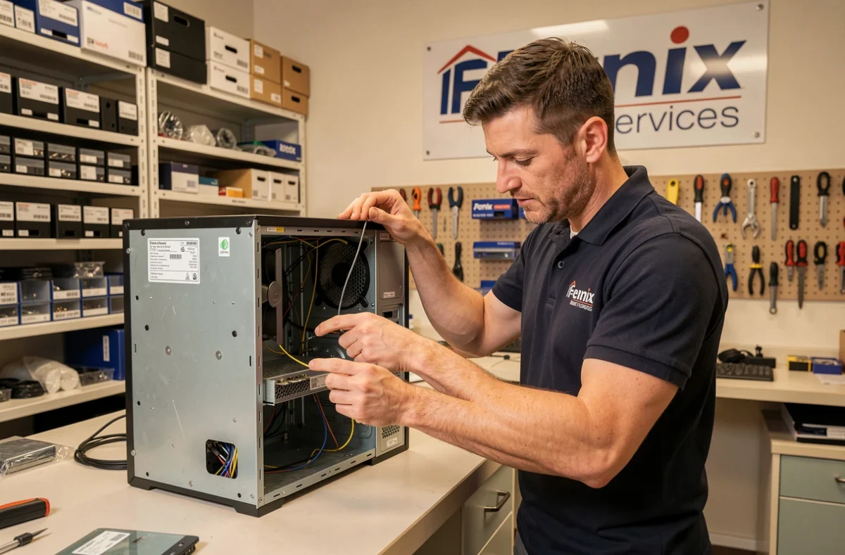 Technicien de Fenix Services réparant un ordinateur de bureau dans un atelier informatique professionnel