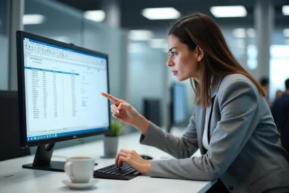Femme en blazer gris pointant un écran Excel avec des lignes figées dans un bureau moderne