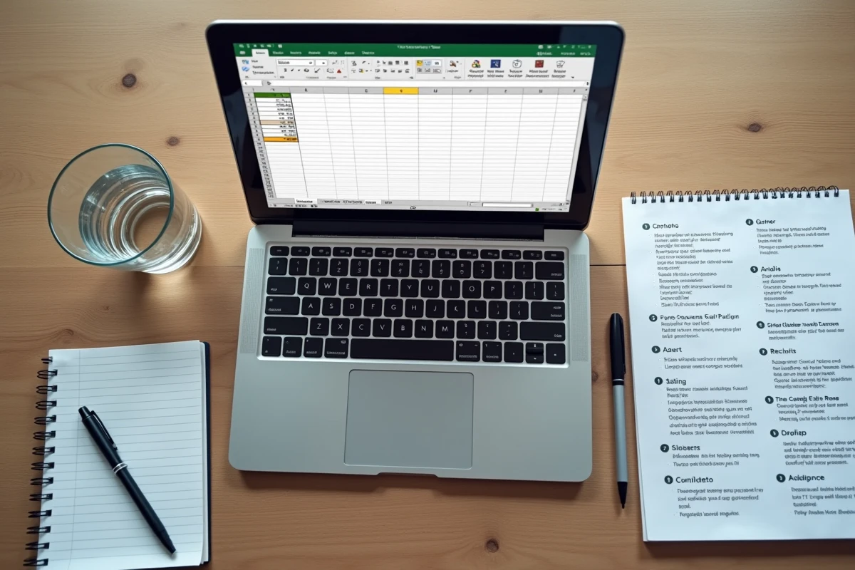 Vue aérienne d'un bureau avec un ordinateur portable affichant un tableau Excel avec des lignes et colonnes figées