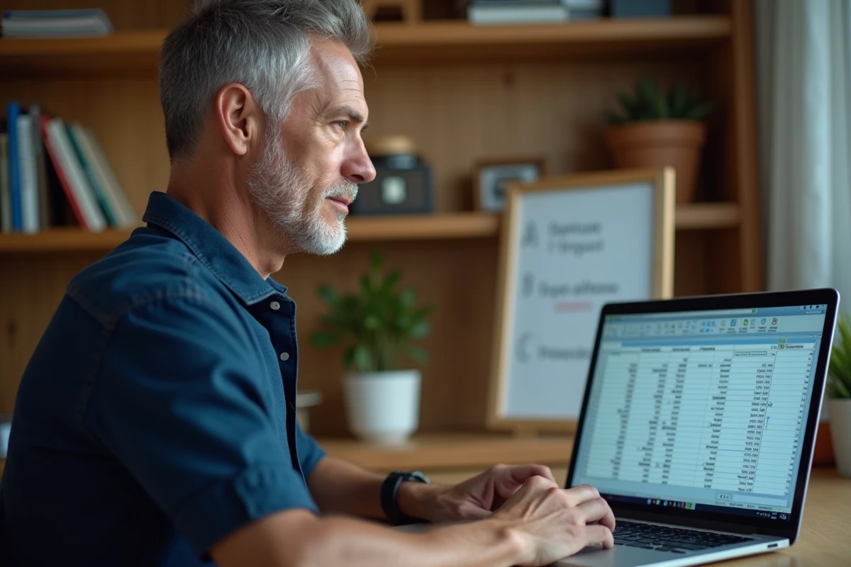 Homme travaillant sur Excel avec des volets figés sur un ordinateur portable dans un bureau à domicile