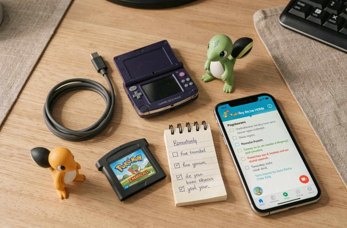 Flat lay de la cartouche Pokémon Émeraude, Nintendo DS, smartphone avec Pokémon HOME et figurines pour illustrer le transfert vers les jeux récents
