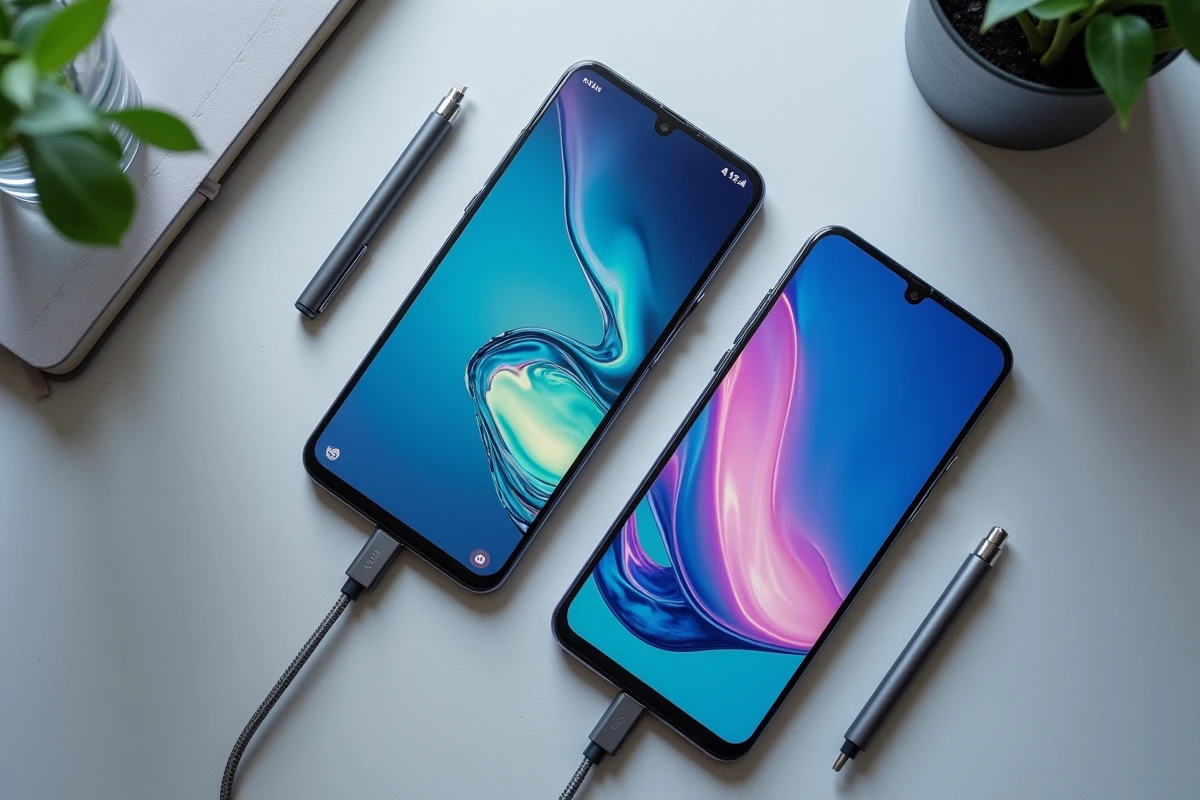 Vue de dessus du Samsung Galaxy A55 et du Galaxy A52 posés côte à côte sur une surface grise avec accessoires