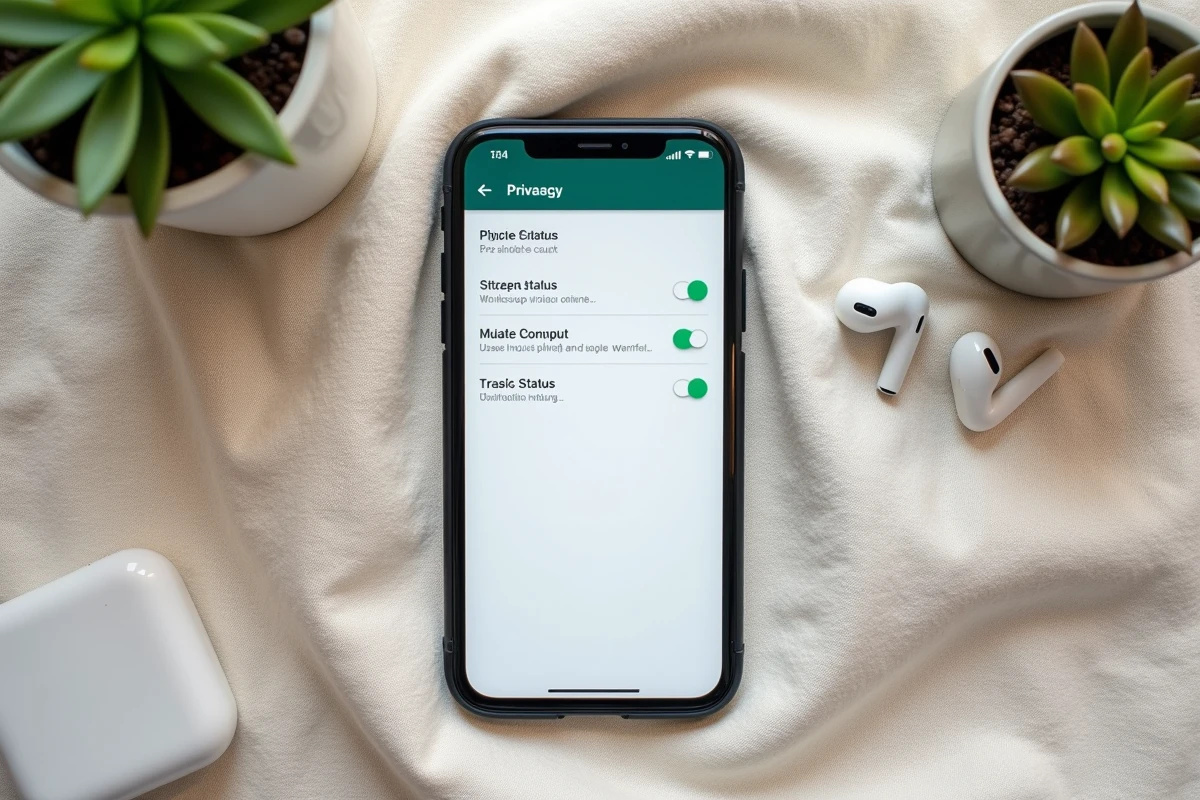 Vue aérienne d'un smartphone affichant les paramètres de confidentialité WhatsApp pour supprimer le cercle bleu