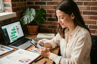 Freelance graphiste utilisant ChatGPT sur WhatsApp pour gérer ses projets créatifs depuis son bureau à domicile