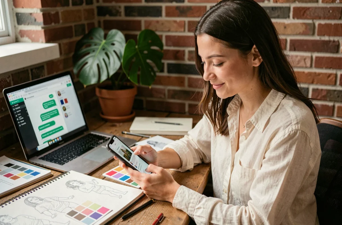 Freelance graphiste utilisant ChatGPT sur WhatsApp pour gérer ses projets créatifs depuis son bureau à domicile