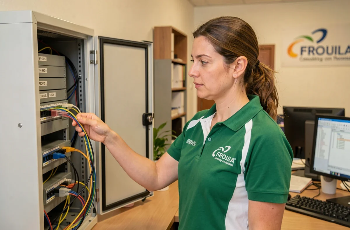 Technicienne de Gaia Informatique connectant un câble réseau dans une armoire serveur d'une PME