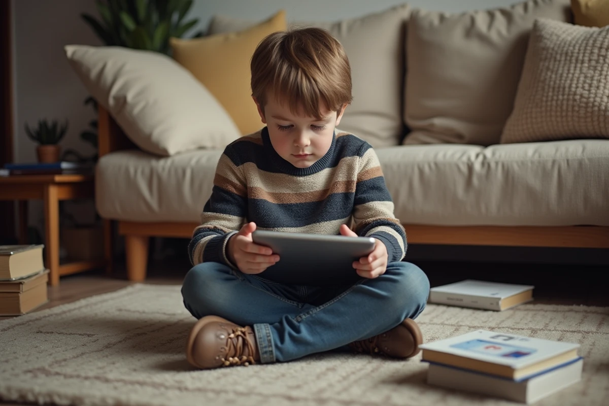 Jeune garçon curieux utilisant une tablette dans le salon