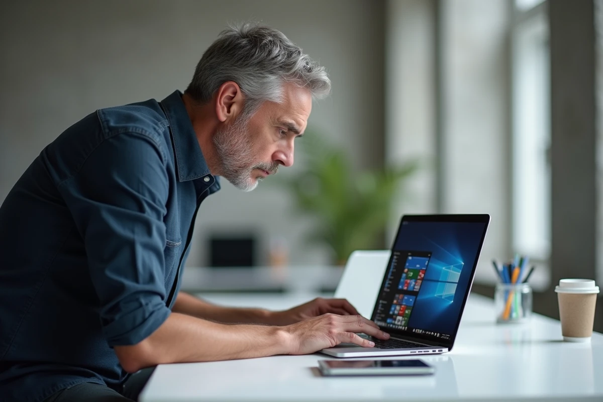 Homme glissant une icône d'application sur le bureau macOS d'un ordinateur portable dans un espace de coworking
