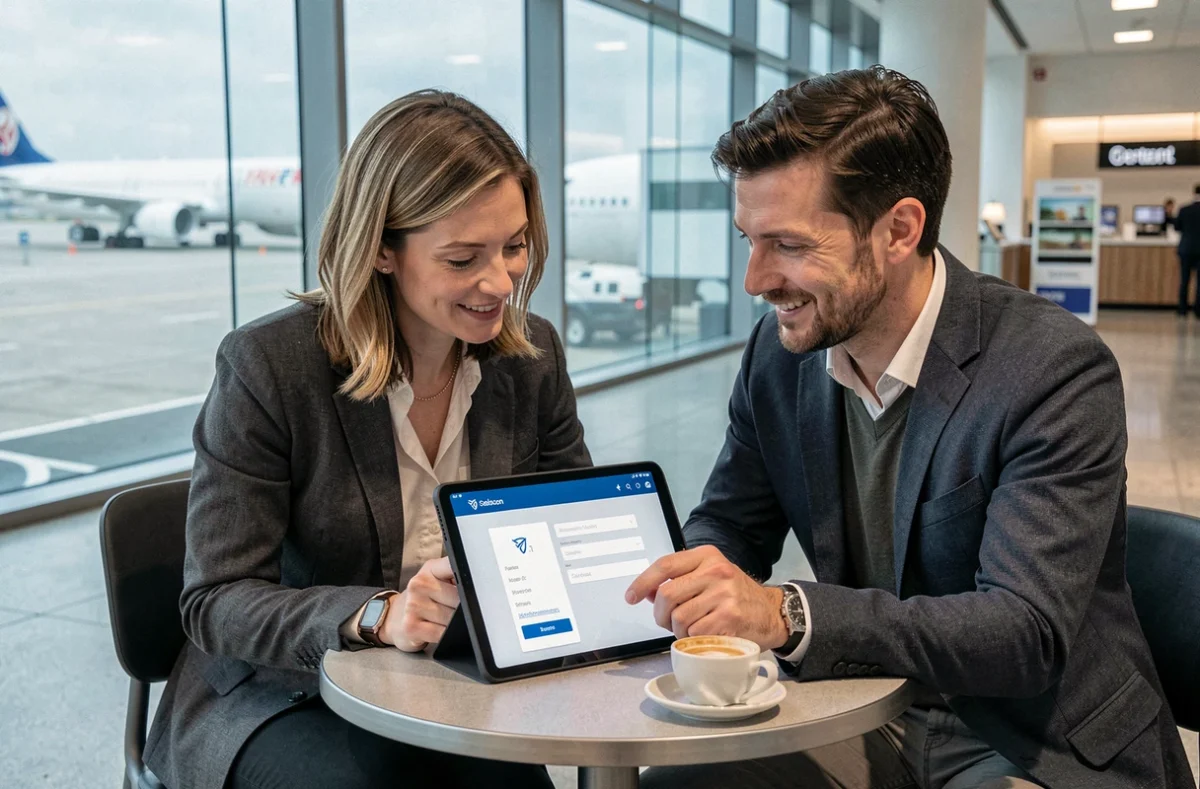 Deux collaborateurs Air France consultant le portail GPNet sur une tablette dans une zone de transit d'aéroport international