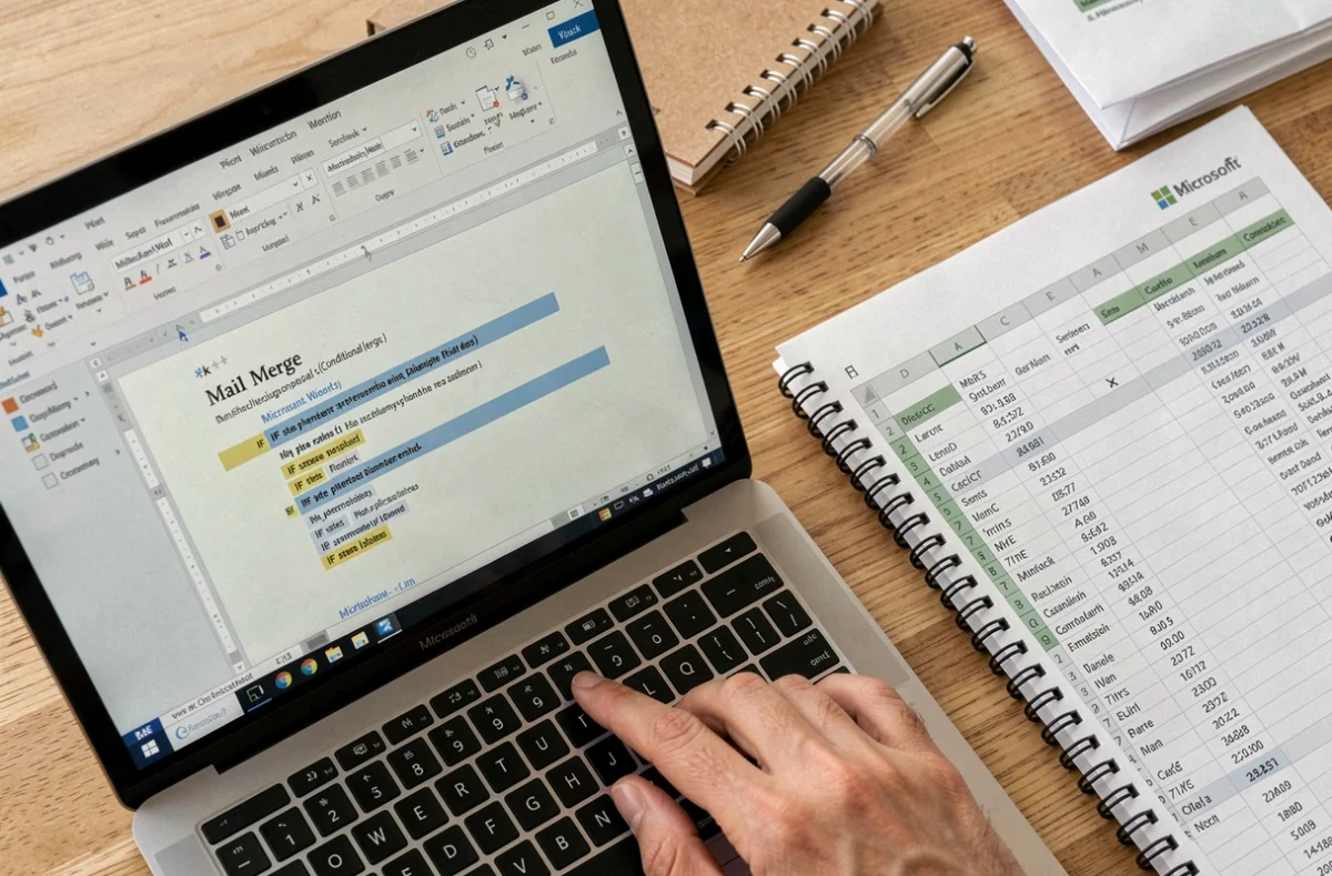 Gros plan sur un écran d'ordinateur affichant des champs conditionnels de publipostage Word avec données Excel