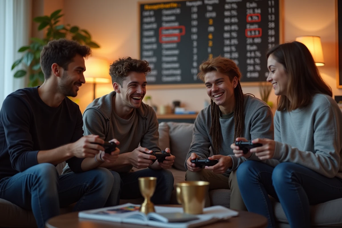 Groupe d amis discutant autour d une table de jeux vidéo