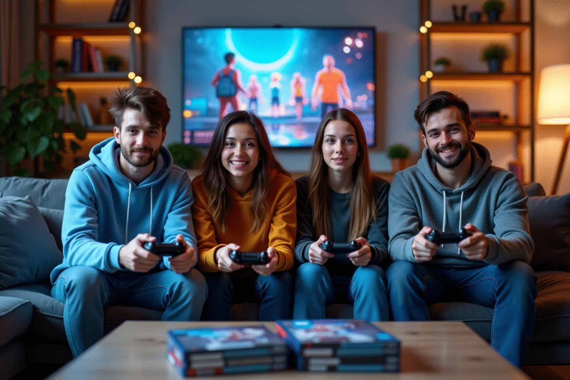 Groupe de jeunes adultes jouant à la console dans un salon moderne
