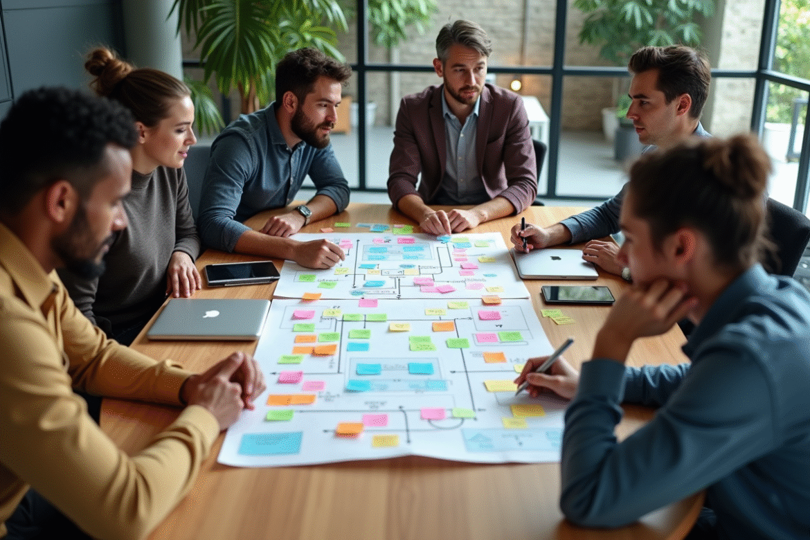 Groupe de designers UX divers en réunion autour d'une carte d'expérience