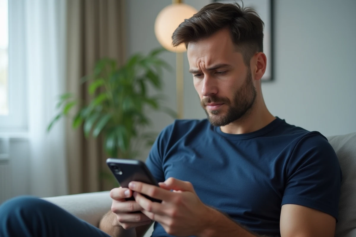 Homme utilisant une application pour accéder à une story Instagram expirée sur son canapé