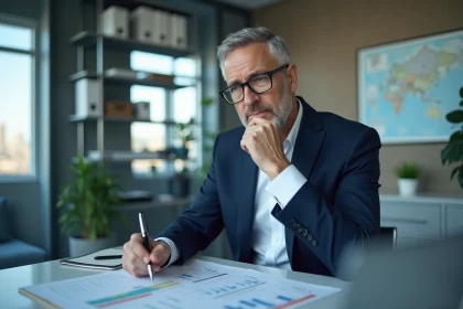 Homme d'affaires en costume bleu examinant des rapports logistiques