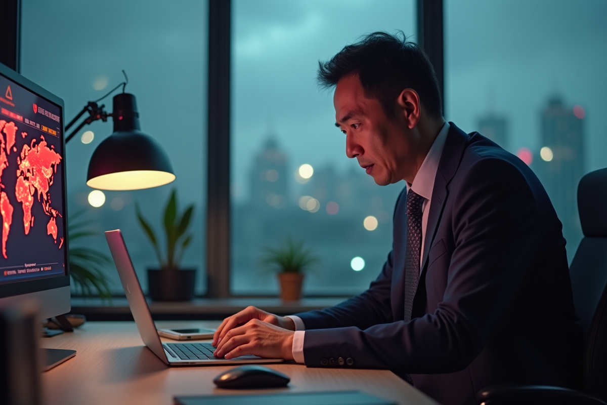 Homme d'affaires asiatique inquiet devant un ordinateur