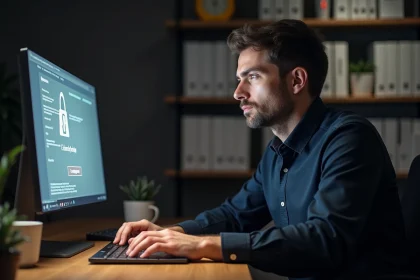 Homme inquiet regardant des alertes de sécurité sur son ordinateur portable, illustrant les risques liés à un site web suspect comme Xabriv.com