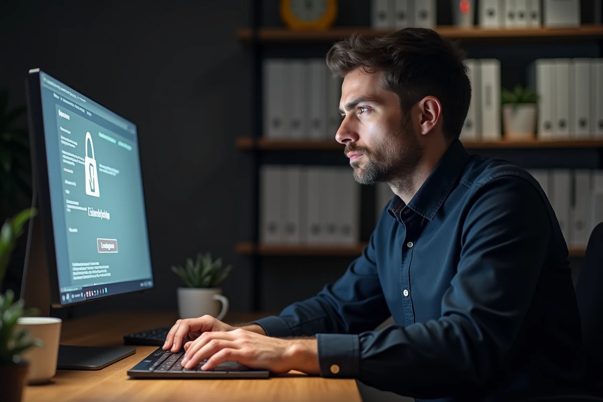 Homme inquiet regardant des alertes de sécurité sur son ordinateur portable, illustrant les risques liés à un site web suspect comme Xabriv.com