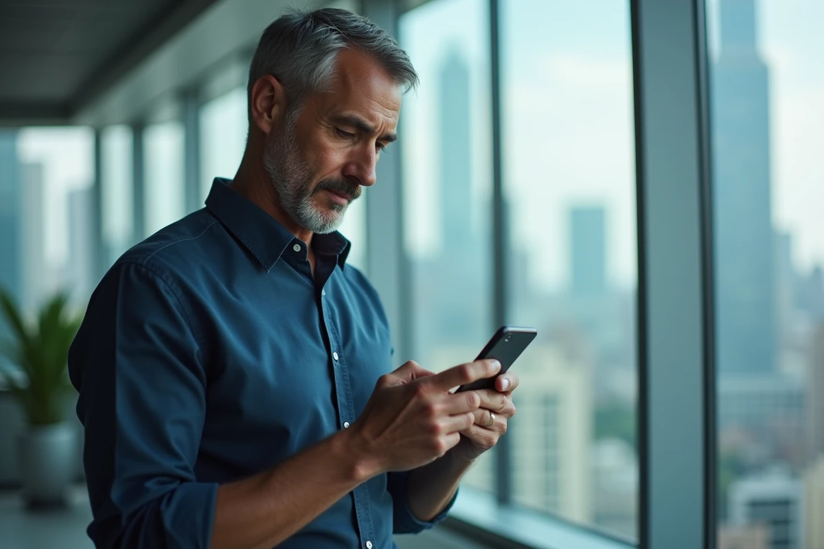 Homme en bureau désactivant le cercle bleu des statuts WhatsApp sur son téléphone portable