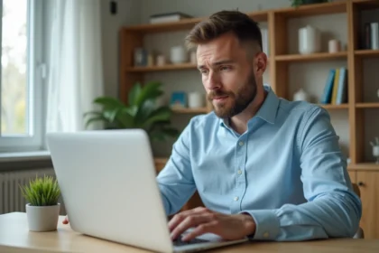 Homme au bureau vérifiant sa connexion internet avec un routeur