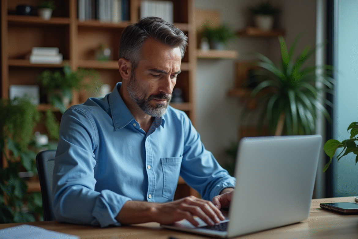 Homme concentré travaillant sur un ordinateur dans un bureau moderne