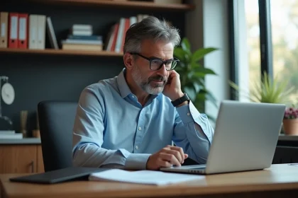 Homme d age au bureau regardant un vieux laptop Silverlight