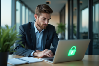 Jeune homme d'affaires vérifiant la sécurité informatique