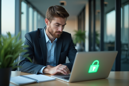 Jeune homme d'affaires vérifiant la sécurité informatique