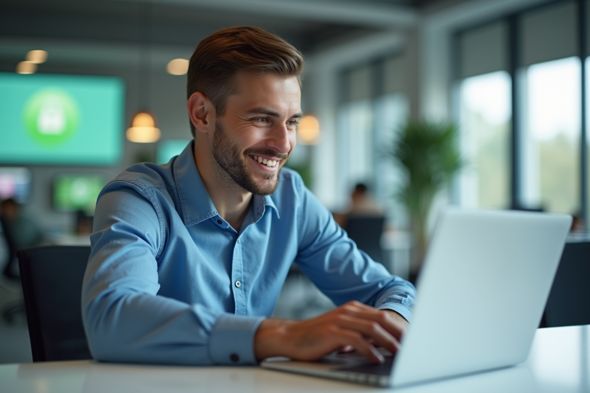 Jeune homme au bureau vérifiant la sécurité internet