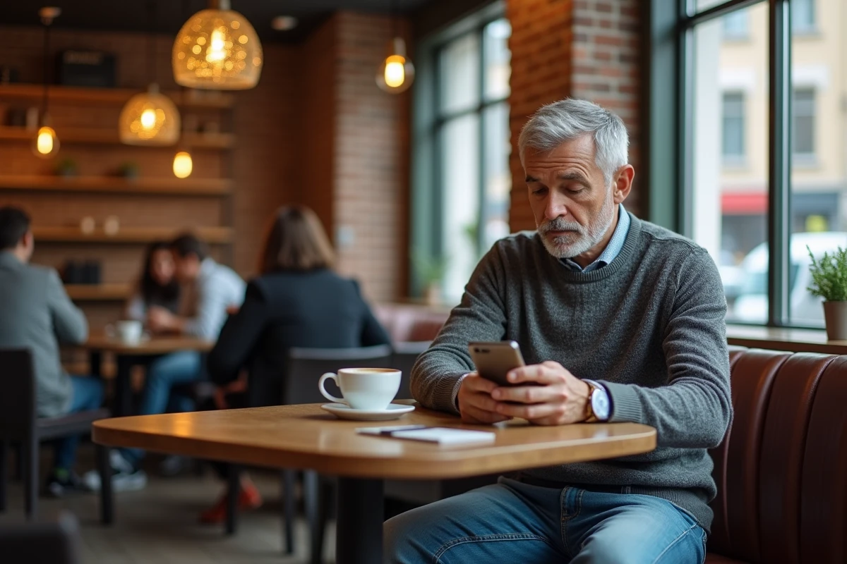 Homme d age moyen au café regardant son smartphone
