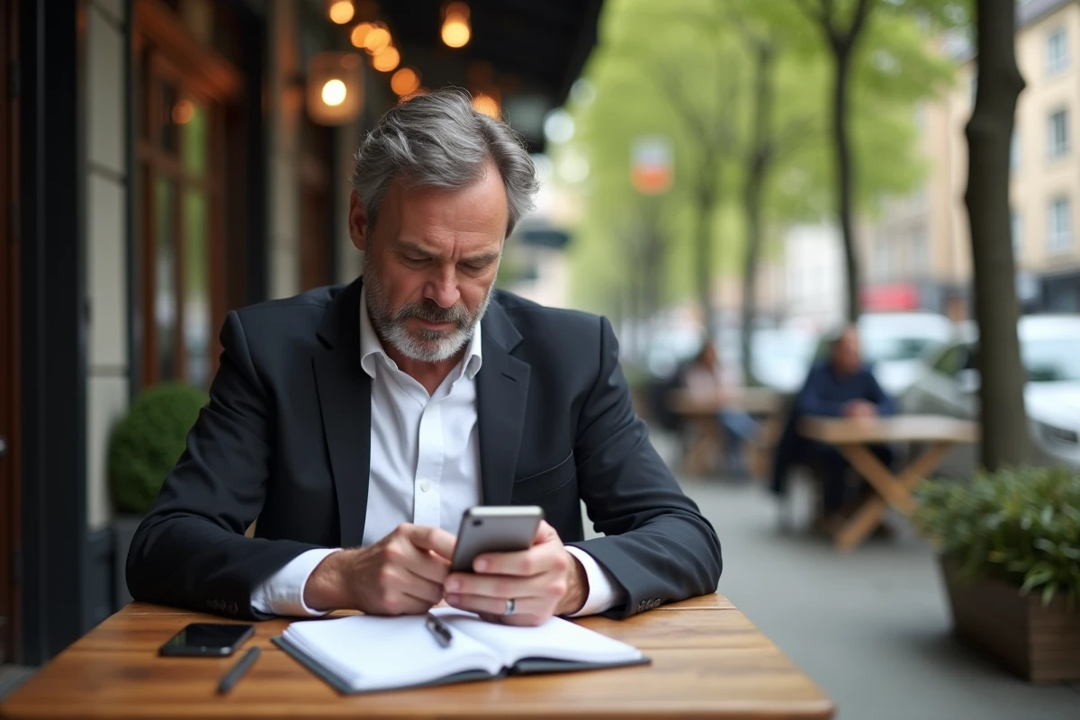 Homme d age moyen vérifiant son smartphone au café