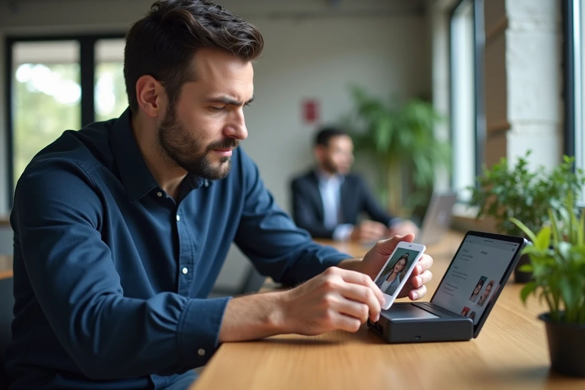 Homme en espace de coworking testant une imprimante mini portable connectée à une tablette via une application