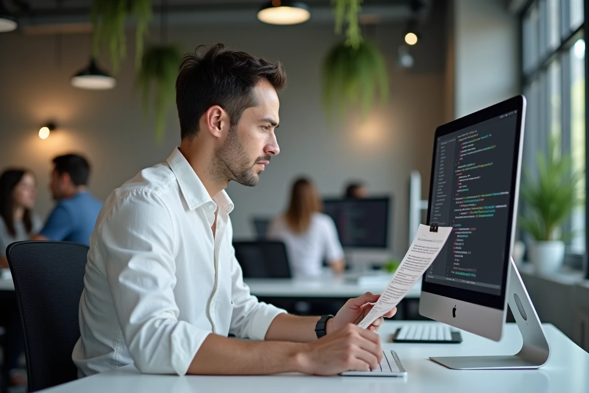 Homme en chemise blanche étudiant un tutoriel Python sur grand écran dans un espace de coworking moderne