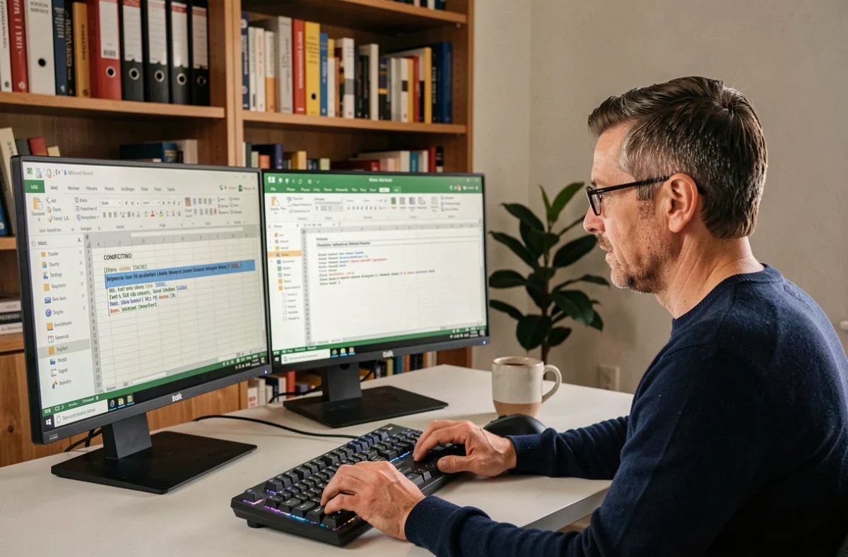 Homme travaillant sur Word et Excel avec des champs conditionnels de publipostage sur deux écrans