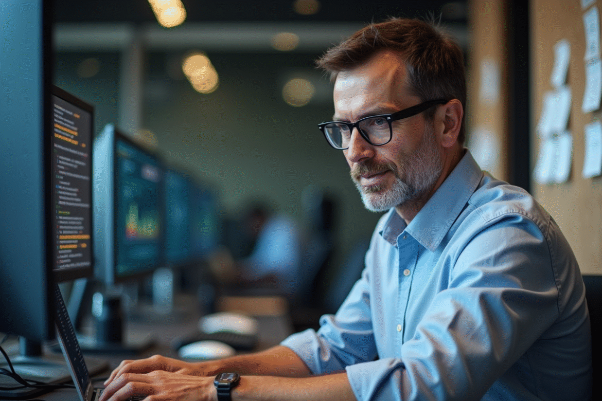 Homme informaticien au bureau avec écrans de code