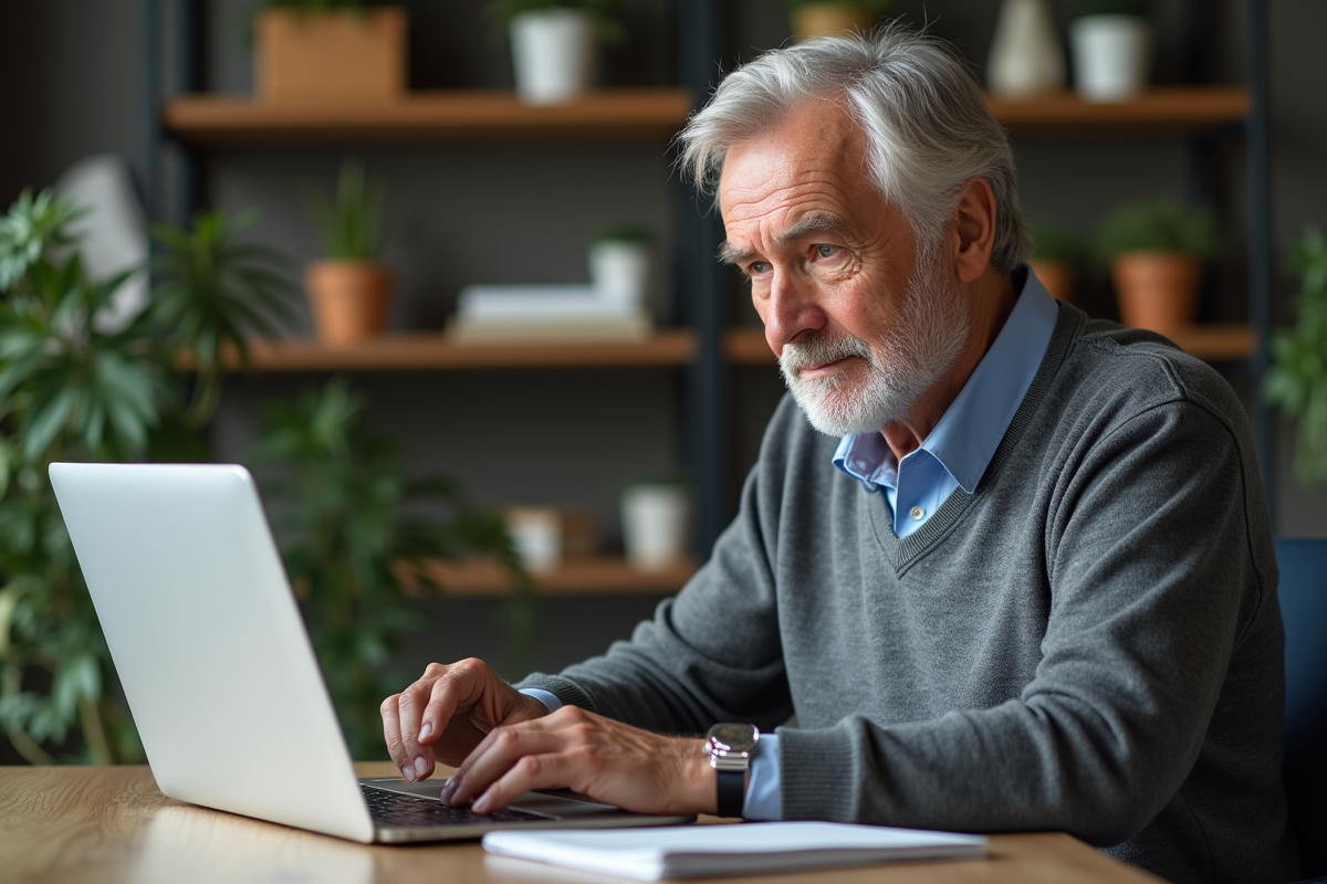 Homme insérant une clé de sécurité sur son ordinateur portable à domicile