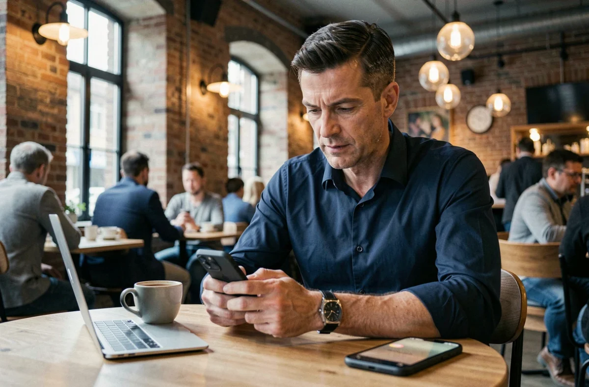 Homme utilisant un iPhone 12 dans un café urbain en consultant du contenu sur le petit écran